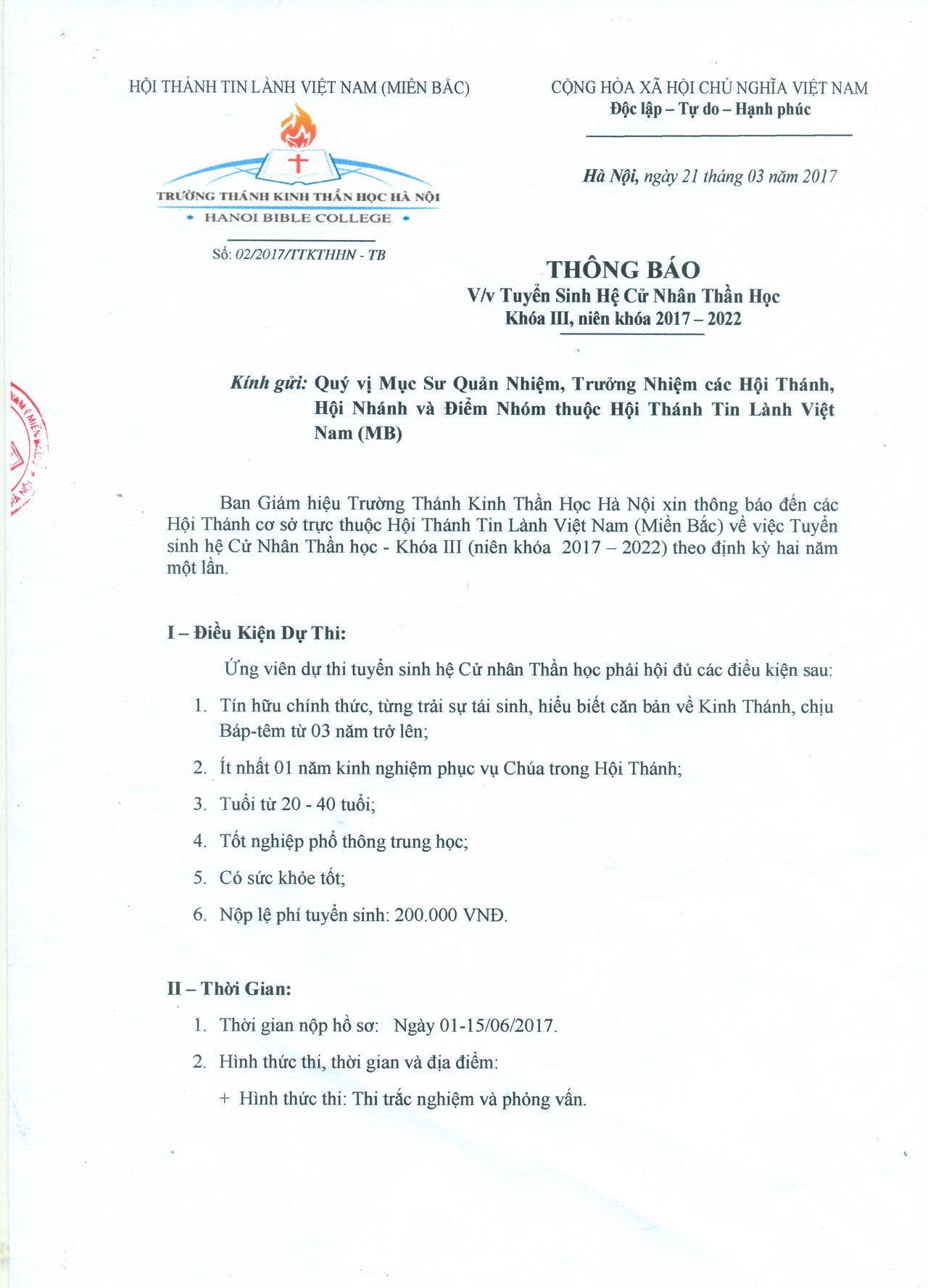 Thông báo Tuyển sinh Hệ Cử Nhân Thần Học Chính Quy Khóa 3